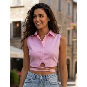 Future Collective Collared Wrap Around Waist Tie Cropped Top Pink Size XL